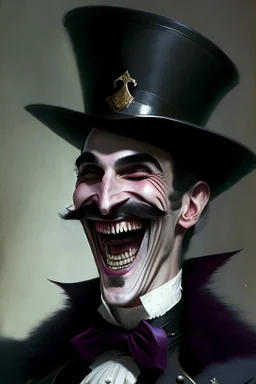 Strahd von Zarovich with a handlebar mustache wearing a top hat while laughing