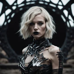 beautiful caucasian half cyborg woman, black metal body and limbs, chrome details, anorexic figure, short blond wavy bob haircut, dystopian, desert scene