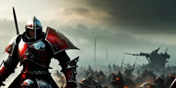 apocalypse, chaotic, magnificent, realistic, colorful, massive, epic, ray tracing, cinematic, 8k, HD, Ultra High Definition, photo film, film grain, hyper-detailed, old tarnished ornate rusty Hyper detailed Bloody Knight in battle