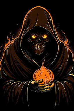 a man wearing a black cloak and his head is a lit burning jack o' lantern draw this in a scary cartoonish style