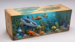 a box 10 cm long by 5 cm wide and 25 cm high, with drawings of animals, sea fauna tress from Subnautica