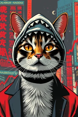 cat with shark mask hat solana nasdaq red charts crashin japanese style in the style of warhol