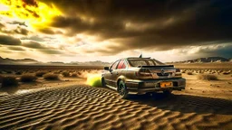 Capture a cinematic wide-angle shot featuring a 1998 Honda Civic racing through a post-apocalyptic desert road during a sandstorm. Embrace a post-apocalyptic photography style for a realistic yet dramatic atmosphere, emphasizing the importance of achieving a cinematic look. Depict the Honda Civic as resilient in this transformed world, navigating the harsh desert conditions and swirling sandstorm with speed and intensity.