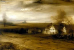 A white wispy realm with fantasy houses painted by Albert Pinkham Ryder