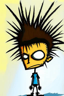 2d drawing of a stickman, cool with punk hair, x eyes like in hangman, sunbading in the sun,3d realistic in colour