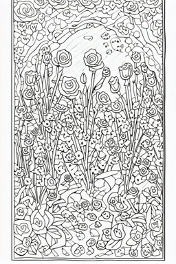 kids coloring page, rose garden, cartoon style, thick lines, low detail, no shading