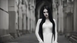 A beautiful white woman standing side and have Long soft black hair And wearing a gothic dress.