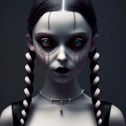 Wednesday Addams, Wednesday with braids standing with her arms crossed,gothic art, goth, dark, hyper detail, octane render, unreal engine 5, photorealistic, 8k resulation