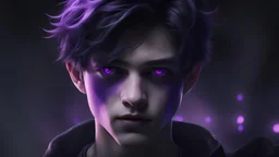 A sinister-looking 18-year-old boy wearing a black crescent-shaped pendant emitting violet light without a smile.