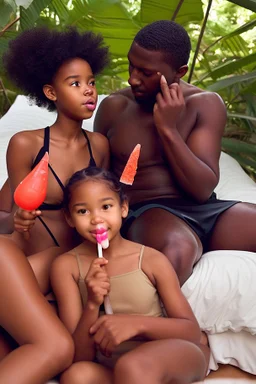 young natural teenage black girls with dad in a swimsuit in a bed in the jungle. eating a lollypop. cute. sharing icypole. icecream on face. old man. thick body.