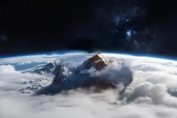 a fog planet's atmosphere is pierced by a single enormous mountain peak. a curved horizon separates the starry space
