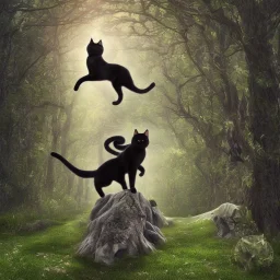 in a beautiful forest a black cat an a white cat run around