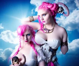 Very sensual gorgeous curvy young white woman pink hair maiden dressed in blue posing sensually with plaits, and with a skull in her hand, background of ancient marble Roman arcs heavenly sunshine beams divine bright soft focus holy in the clouds steampunk engine steampunk engine.