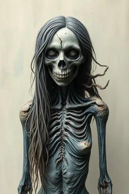 A beautiful girl with long hair , full body , front view . decayed and rotting with grotesque proportions and imagery. grotesqueries, detailed texture, surreal horror, biomechanical design, by hr giger and beksinski , on blue color