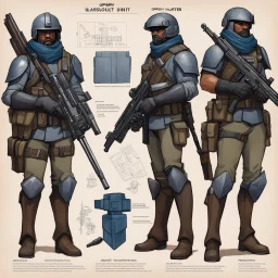 ConceptSheet blueprint [illustration for Osprey Publishing’s by Angus McBride] Bounty Unit Loadout Concept: helmet, armour, and weapons with their blueprint: assault rifle, sniper long rifle, pistol, and all the package of a hunter