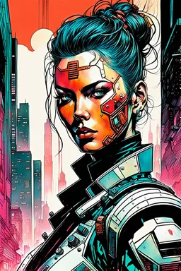 create a highly ethereal, darkly magical surrealist portrait illustration of a robotic cyberpunk samurai female cop, with highly detailed and deeply cut facial features, in a chaotic, turbulent, otherworldly city in the comic art style of BILL SIENKIEWICZ and JEAN GIRAUD MOEBIUS, searing lines and forceful strokes, precisely drawn, inked, and darkly colored