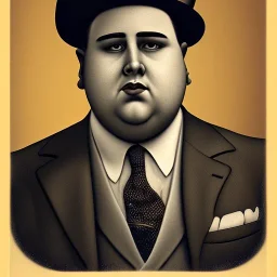 A 1930s Italian-American businessman in his 20s with a bowler hat and a tattered suit. He is obese and has a sad expression on his face. He is facing the screen.