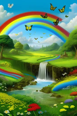 Una imagen de un campo en un día soleado atravesado por un arroyo sinuoso de aguas crsitalinas, mariposas volando y al fondo un salto de agua y el arcoiris en el cielo
