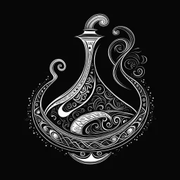 Make black and white cute drawing of a Genie Lamp with black bold lines. Only outline, no grayscale. A curvy, antique oriental arabic lamp with magical smoke swirling out. The smoke forms shapes like stars, moons, and maybe the faint outline of a genie’s face. Surround it with sparkling jewels and coins.