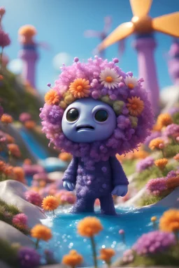 portrait cute fluffy toy wolly illithid mind flawyer in a water slide holding weird flowers in his trunk in the style of pixar, on a strange planet with weird colors and wind turbines, bokeh like f/0.8, tilt-shift lens 8k, high detail, smooth render, down-light, unreal engine, prize winning
