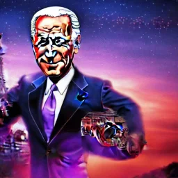 CRAZY Joe Biden caricature, PUTIN, cyberpunk, landscape, transformers, hi-tech robots, GUITARS, cinematic, highly detailed, close up, 4k, deep colors, gold, fire, red, purple, dark, ethereal, utopia, apocalypse, flying Cadillac, from outer space