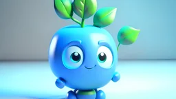 Illustrate a charming 3D cartoon character, seamlessly integrating plant and lightbulb elements. The character, a mascot in a pot with two leaves, should exude a modern and environmentally conscious character type. Utilize a 3D modeling software with a macro lens effect for detailed rendering. Capture the character in the cool tones of twilight. Film type: Eco-friendly 3D animation.