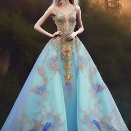 stunning couture gown designed by Marchesa inspired by fairytales, realistic epic fantasy colors, detailed, high quality, intricate, fantasyland background,