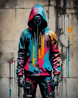 Colorido, Banksy style. Whole body. Masterpiece of a hooded killer Cyborg, his eyes are intense, (((full body))), contrasting colors. Fondo ciudad