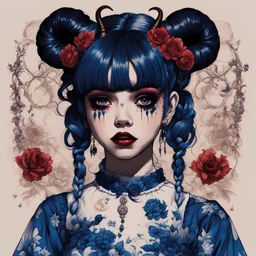 wears a smart shirt which is embroidered with bluered flowers and ornaments, has dark eyes and horns,Poster in two gradually, a one side malevolent goth vampire girl face and other side the Singer Melanie Martinez face, full body, painting by Yoji Shinkawa, darkblue and sepia tones,