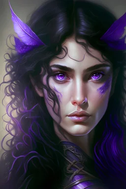 portrait of female faerie warrior with wavy black hair and purple eyes