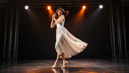 full body shot of a very beautiful lady with makeup and bob hair, wearing a pretty long skirt and heels, dancing gracefully on a modern stage with dynamic lights.
