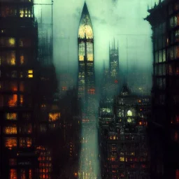 Skyline Gotham city by Jeremy mann, point perspective,intricate detail,john atkinson Grimshaw