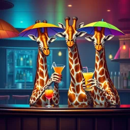 very Gay Giraffes standing in a bar drinking drinks with umbrellas, pride, makeup,