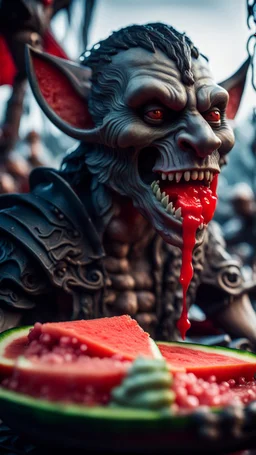 portrait of a vampire werewolf with mustage eating watermelon and the blood of fish on a viking ship, in the style of Giger,bokeh like f/0.8, tilt-shift lens 8k, high detail, smooth render, down-light, unreal engine, prize winning