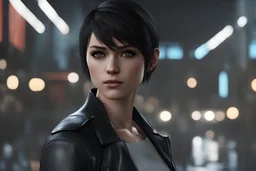 Carla in black short hair in 8k anime cgi artstyle, Detroit become human them, normal eyes, close picture, rain, apocalypse, intricate details, highly detailed, high details, detailed portrait, masterpiece,ultra detailed, ultra quality