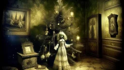 Empiriocriticism, cursed christmas angel and the christmas tree of the Empty Room, augmented reality, pantomim, masks, eerieland, abstract surrealism, glitter, calotype combineted tintype , performance art grainy editorial, kodakchrome, high-contrast