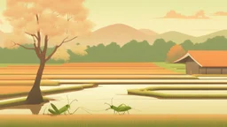 Rice field，Trees，Warm color palette，Animation，A lovely grasshopper