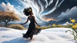 The camera zooms in, focusing sharply on very beautiful black godus girl with make up Lily wearing pretty dress as she dances gracefully in the same romantic environment with flowers and sky with nice clouds. Her joy and youth are presented against the backdrop of the surreal surroundings.a snow covered tree sitting on top of a snow covered slope, detailed swirling water tornado, national geographic footage, inspired by Sim Sa-jeong, by Huang Tingjian, still from a 2015 pixar movie, infrared ca