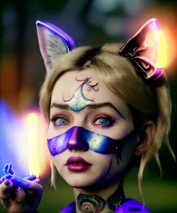 Ultra realistic photo, happy couple, blonde Alice woman and purple cat smoking a pipe + circus blue dress style + black headband with bow + old school body tattoo, smoke, marihuana garden, glow eyes, perfect iris, soft color, highly detailed, unreal engine 5, ray tracing, RTX, lumen lighting, ultra detail, volumetric lighting, high definition.