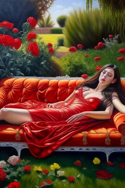 Oil painting Princess lying in the middle of a garden On a sofa and a red cover that covers her body from below only Photorealistic