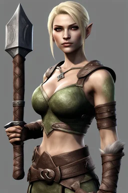 A female bosmer barbarian from Skyrim with dark brown eyes, blonde, short hair, holding orcish maul in hands