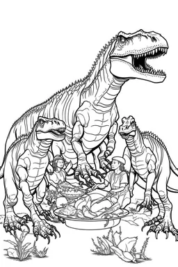 A coloring page, white background Show a T-Rex family coming together for a communal meal, with the parents and offspring sharing food and interacting with each other around a large carcass.. ink drawing clipart, simple line illustrations, colored