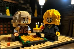 blonde lego girl and curly black haired lego boy eating lego pizza in an italian restaurant in candlelight