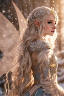 Elven princess,elven crown,long white blonde golden hair,rapunzel hair,ice flowers,beautiful,light blue,dark blue,golden armor,sparkle,glitter,ice flowers,snow,elven ears,dark fairy princess