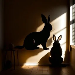 A rabbit on the wall and the silhouette of a lion