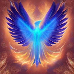 a detailed illustration of a phoenix with shiny blue wings and long glowing sparkly body, luminescent body, glinting spread wings, realistic, soft and smooth glowing wings, soft feathers, macro lens, sharp focus, meticulously detailed, soft studio lighting, smooth blurred gradient background, twinkly eye, 64k, kind,