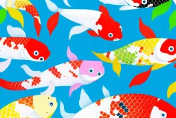 colorful koi carp collage illustration pattern, tiny, small, miniature, short, cute and adorable, digital painting, highly detailed, intricate, elegant, artstation, concept art, colorful, beautiful, studio ghibli, aoshima chiho, takashi murakami, manga, cute and adorable