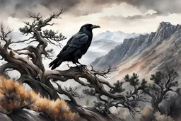 museum quality ink wash and watercolor painting of a wandering Raven perched in the branches of an ancient, gnarled and twisted, Bristlecone Pine, on a remote plateau in the Rocky Mountains in the style of Karl Bodmer, and Winslow Homer, rendered as an aquatint, with a fine art aesthetic, highly detailed , 8k UHD cinegraphic realism
