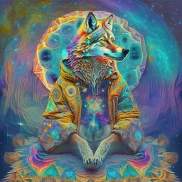 celestial psychedelic wolf made of fractals wearing a mexican jacket sitting on. giat mushroom in between stars