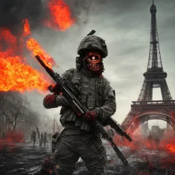 fantassin zombie utilise lance flammes, bonbonnes napalm dans le dos, yeux rouges, Tour Eiffel en fond. Uniforme noir sale et déchiré. deux bras. deux jambes, un torse, un visage. 4k. Rue de la ville de paris. Rue en flammes. Réaliste